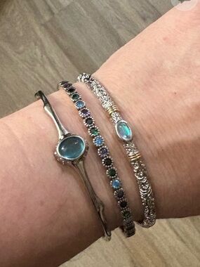 Sterling Silver Aquamarine Bangle Bracelet Set Cuff, Blue Topaz, Minimalist